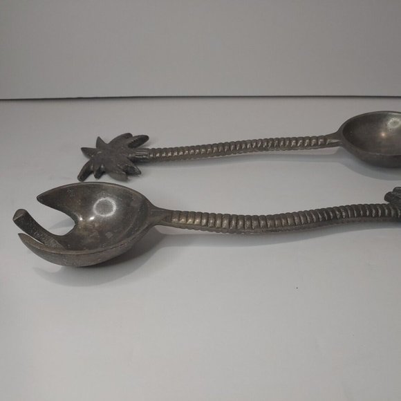 Vintage IHI India Cast Pewter Palm Tree Salad Serving Spoon & Fork Set 13" - Picture 7 of 7